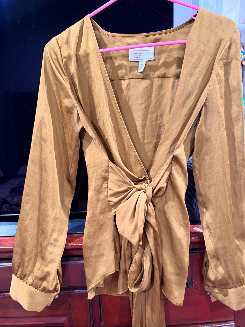 Anthropologie Camel Tie-Front Long Sleeve Blouse